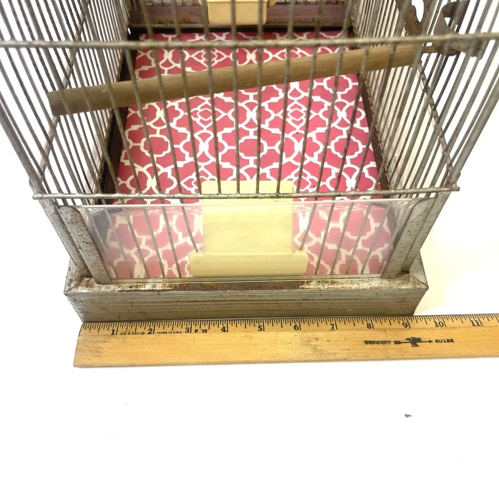 Vintage CROWN Wire Bird Cage w Original Feeder Trays &‎ Slide Tray Hang Hook